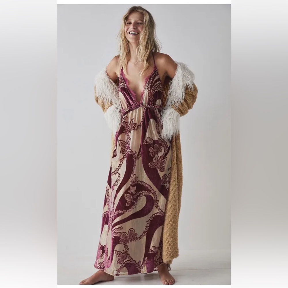 Free People Bali Butterfly Burnout Velvet Lace Trims Slip Maxi Dress